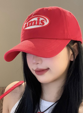 韩版ins红色字母棒球帽女百搭显脸小鸭舌帽大头围宽帽檐软顶帽子