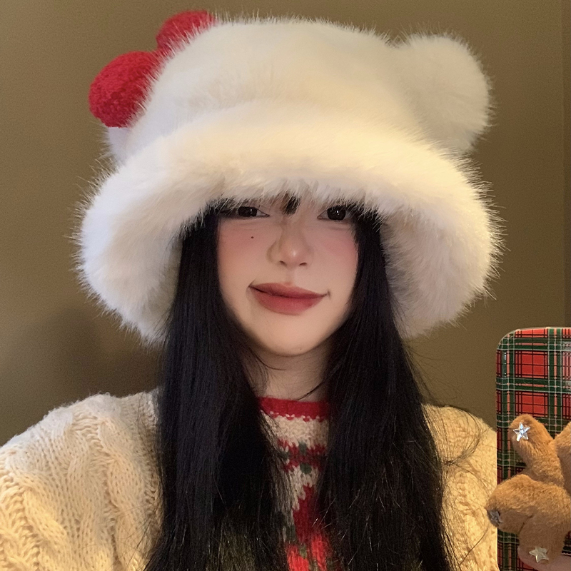 可爱蝴蝶结毛绒渔夫帽女冬季