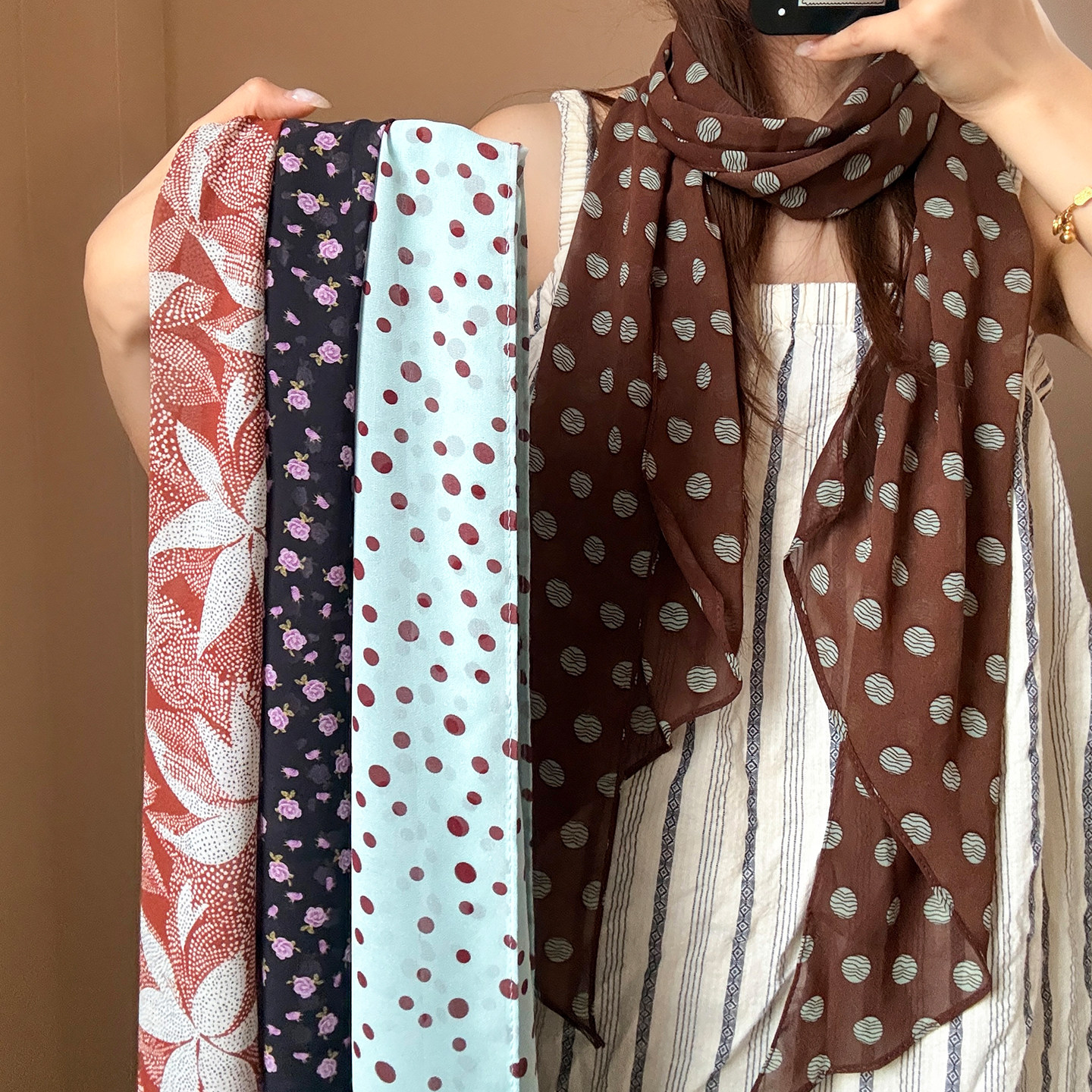 碎花波点长条丝巾系脖女2026新款薄款韩系高级感围脖飘带围巾配饰