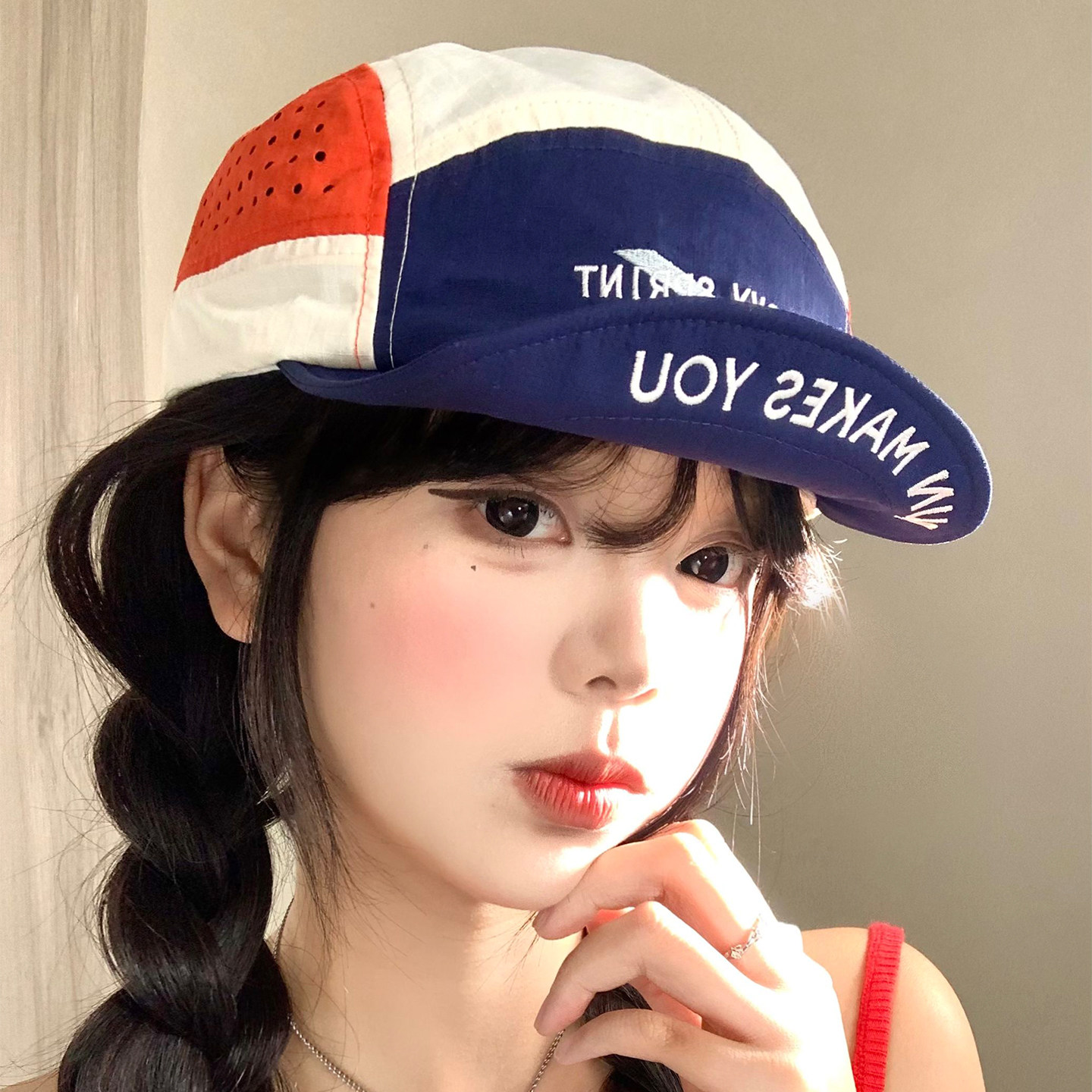 复古工装拼色翻檐速干棒球帽女夏季户外薄款透气鸭舌帽显脸小帽子