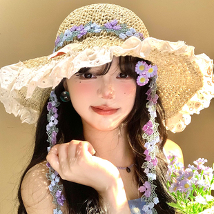 甜美碎花飘带草帽女夏海边度假风大帽檐遮阳防晒帽可折叠太阳帽子