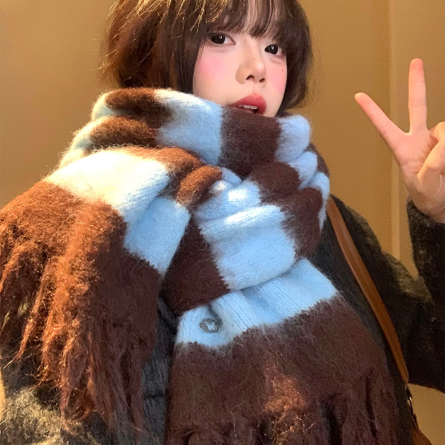 蓝咖条纹针织围巾女韩系高级感