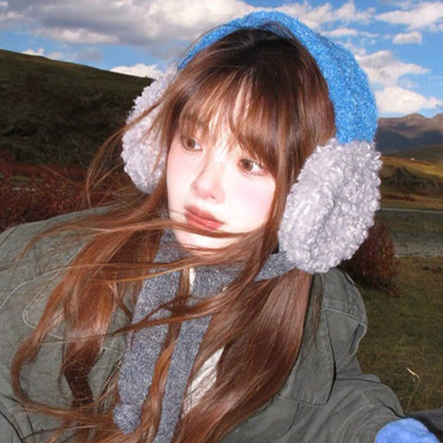 蓝色羊羔毛绑带针织耳罩女冬季