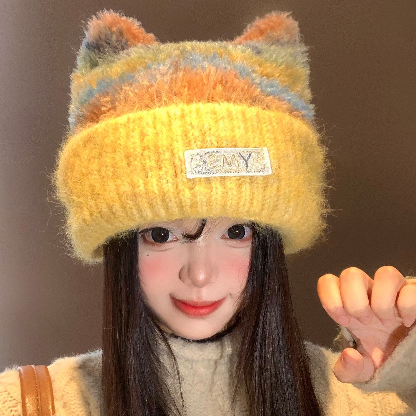 彩色猫耳朵毛绒针织帽女秋冬甜美显脸小毛线帽大头围保暖护耳帽子