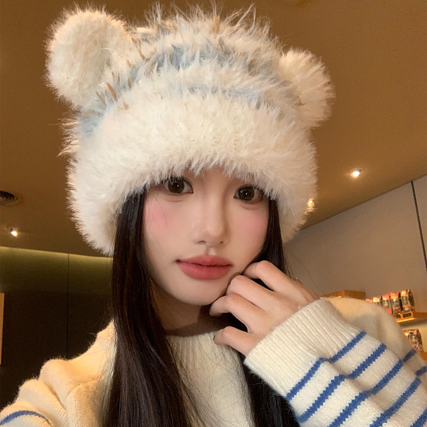 可爱条纹小熊耳朵毛绒针织帽保暖