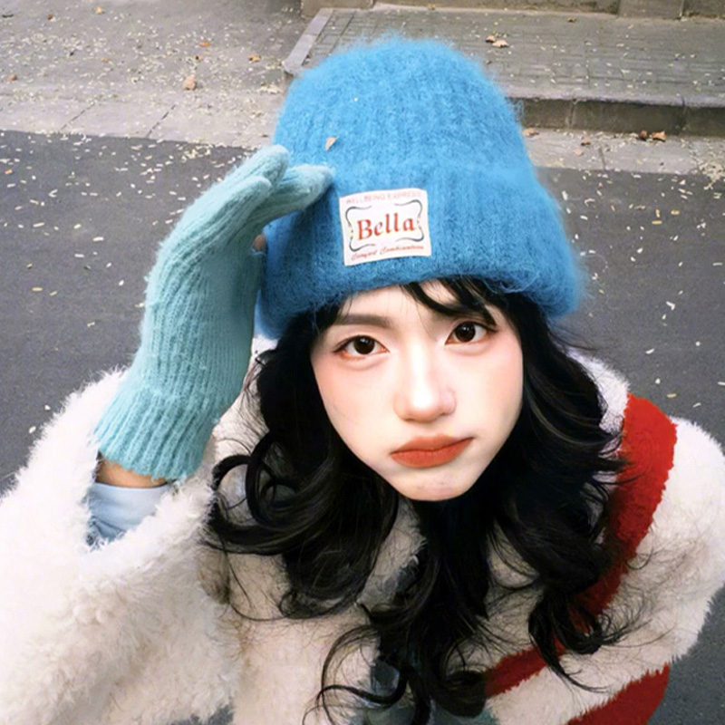 蓝色贴布针织帽女秋冬季韩系百搭