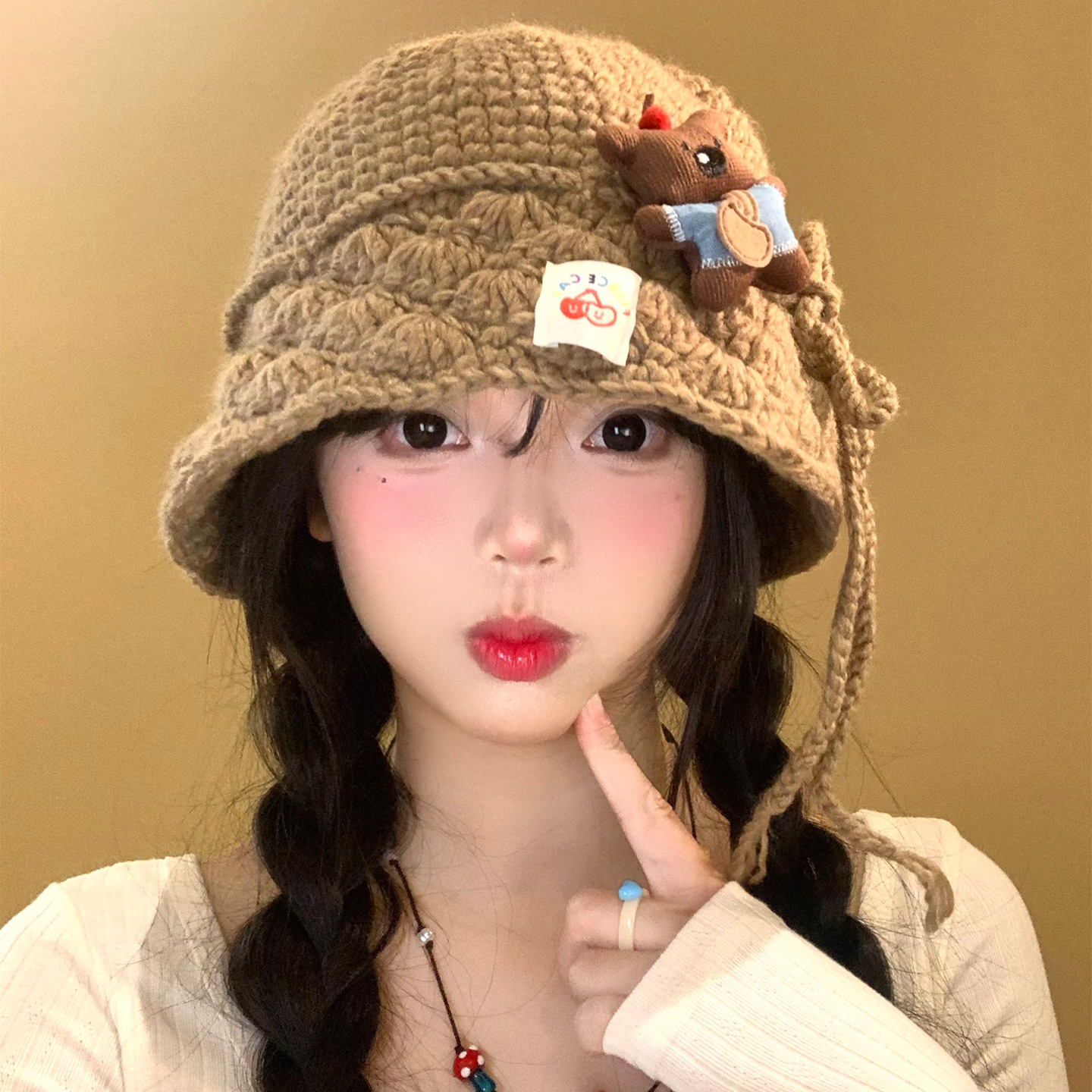 可爱小熊玩偶针织渔夫帽女秋冬季韩版显脸小水桶帽大头围毛线帽子