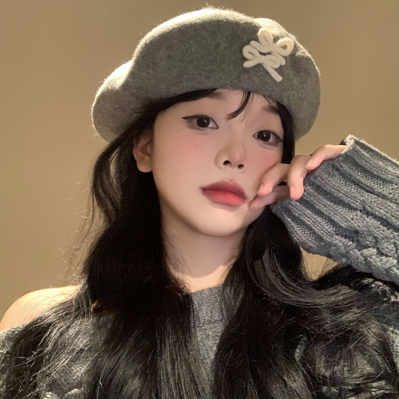 蝴蝶结灰色毛呢贝雷帽