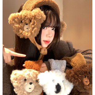 可爱小熊绑带毛绒耳罩女冬季保暖防风防寒户外骑行耳套耳包耳捂子