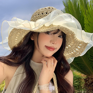 珍珠蕾丝镂空草帽女夏季 大帽檐遮阳防晒帽海边沙滩太阳帽子潮 法式