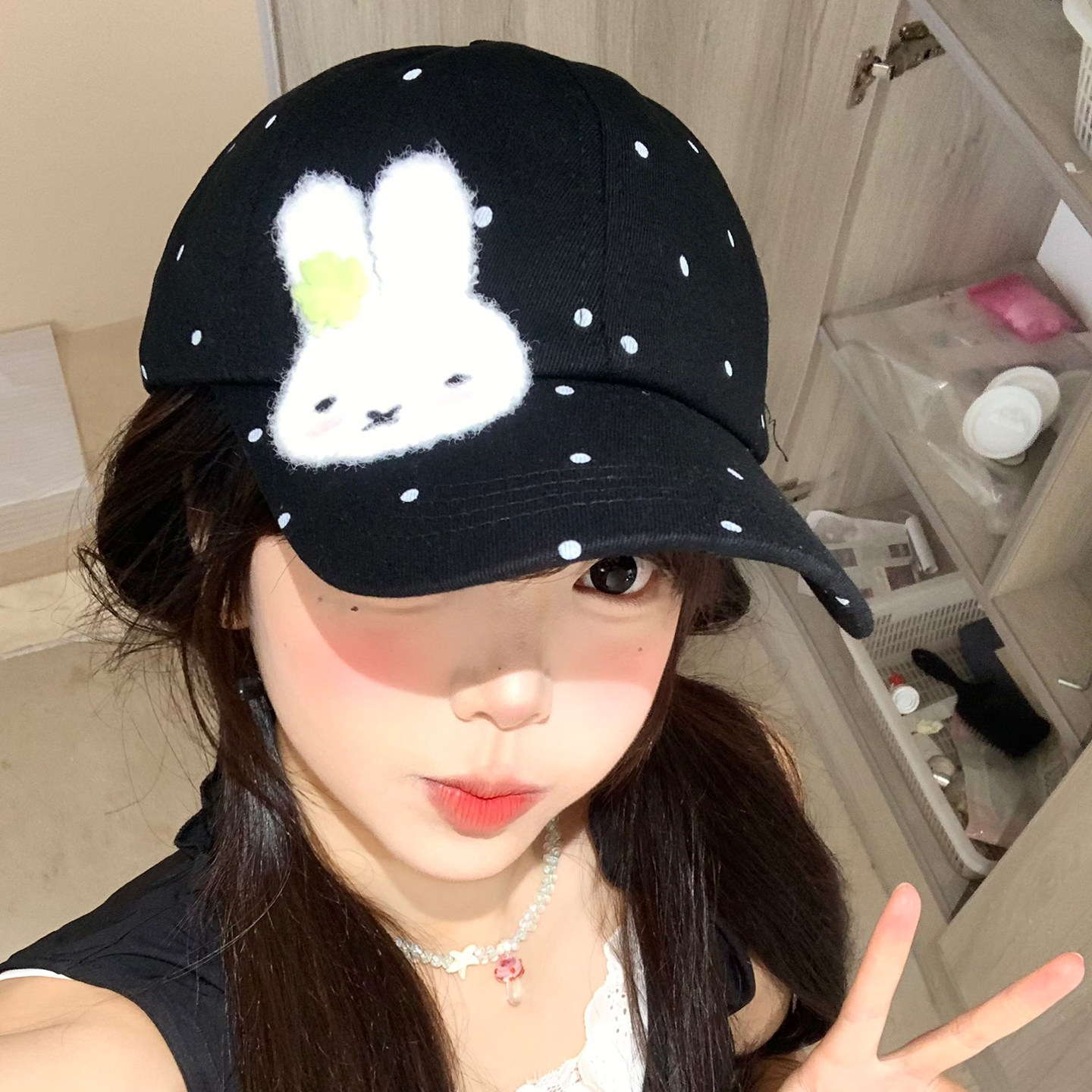 可爱波点小兔棒球帽女韩系宽帽檐图片
