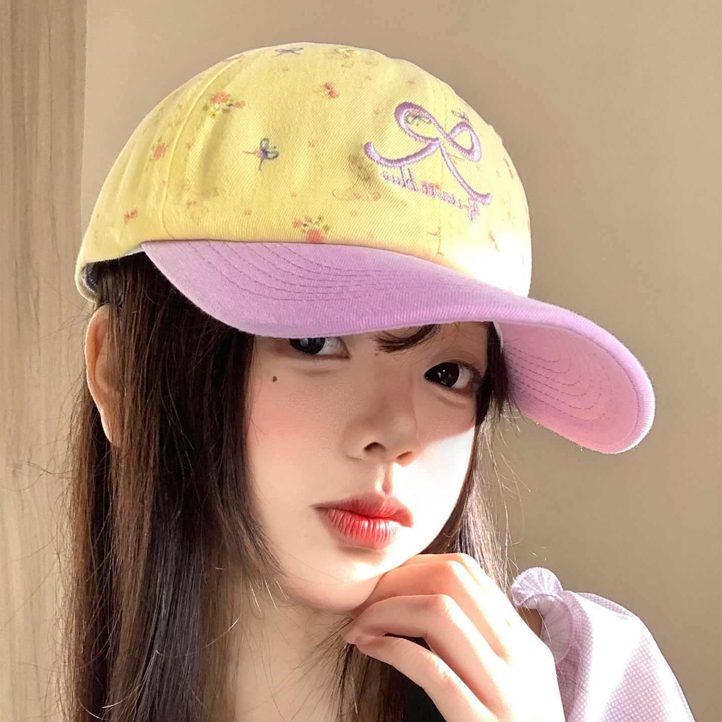 韩系蝴蝶结刺绣拼色棒球帽宽帽檐大脸显脸小女软顶大头围鸭舌帽子