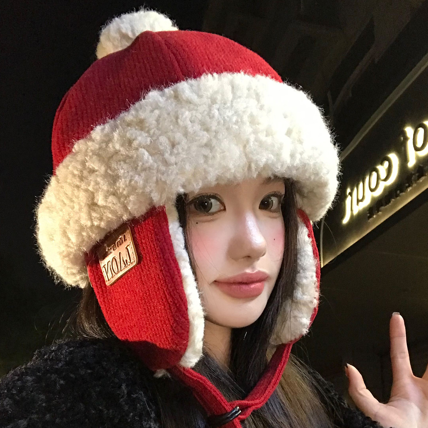 红色毛绒护耳帽女秋冬季新年圣诞