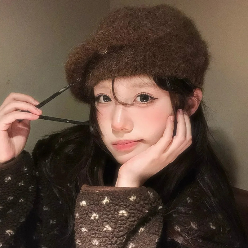 美拉德复古咖色毛绒针织贝雷帽女