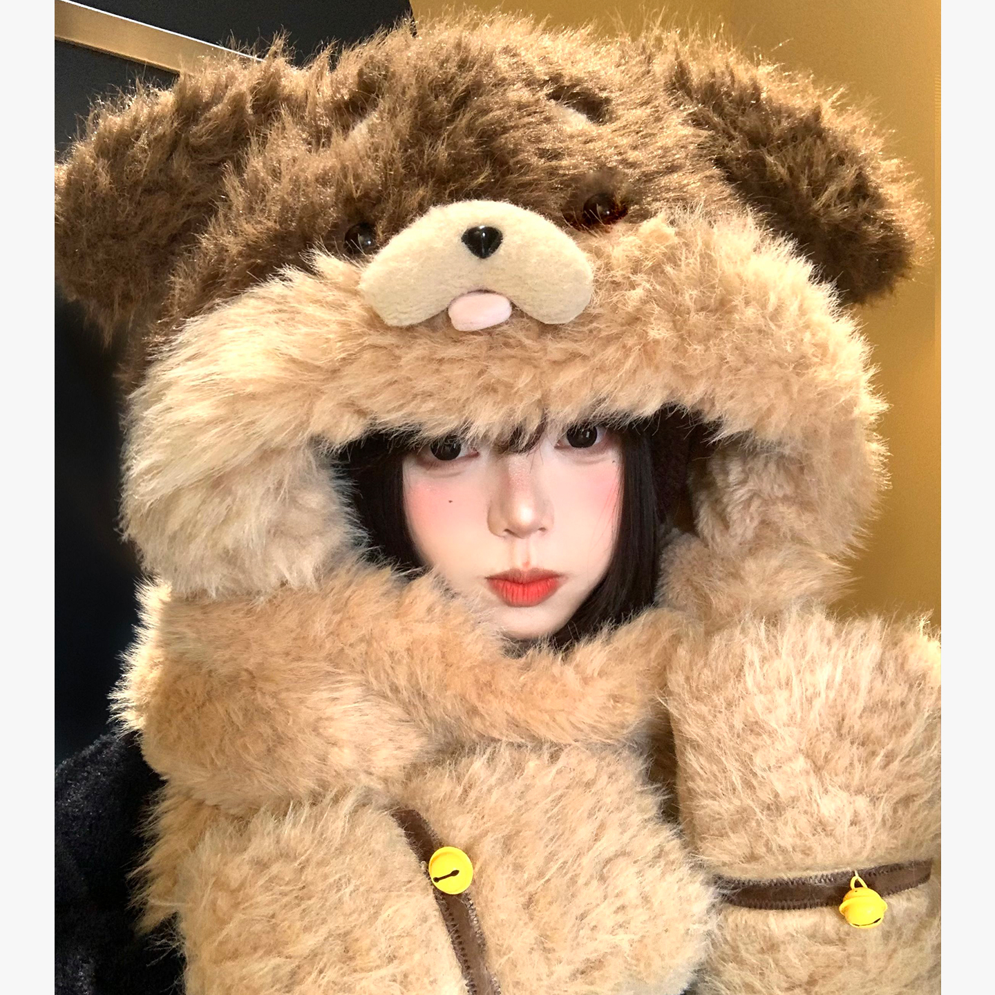 小狗耳朵毛绒帽子围巾手套三件套