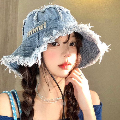 毛边做旧牛仔渔夫帽子女大帽檐
