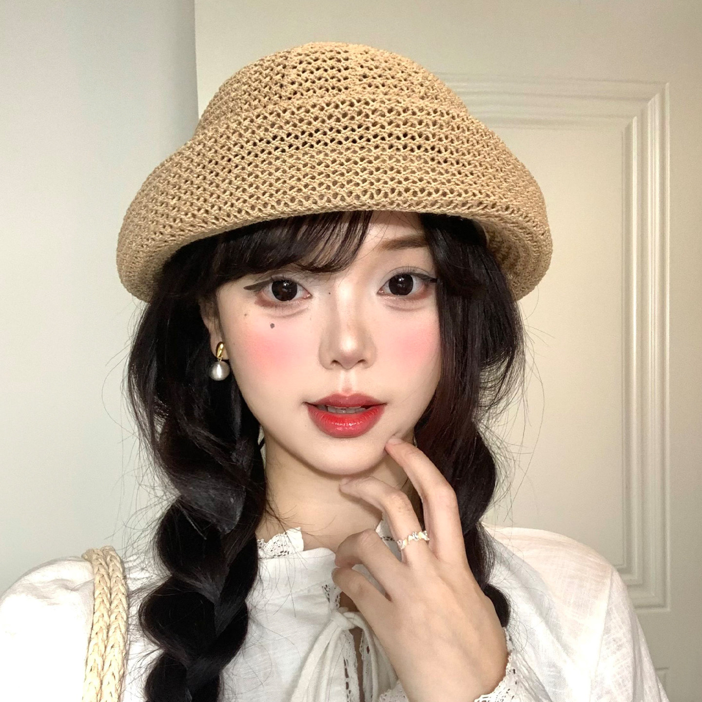 镂空针织翘沿贝雷帽女薄款透气图片