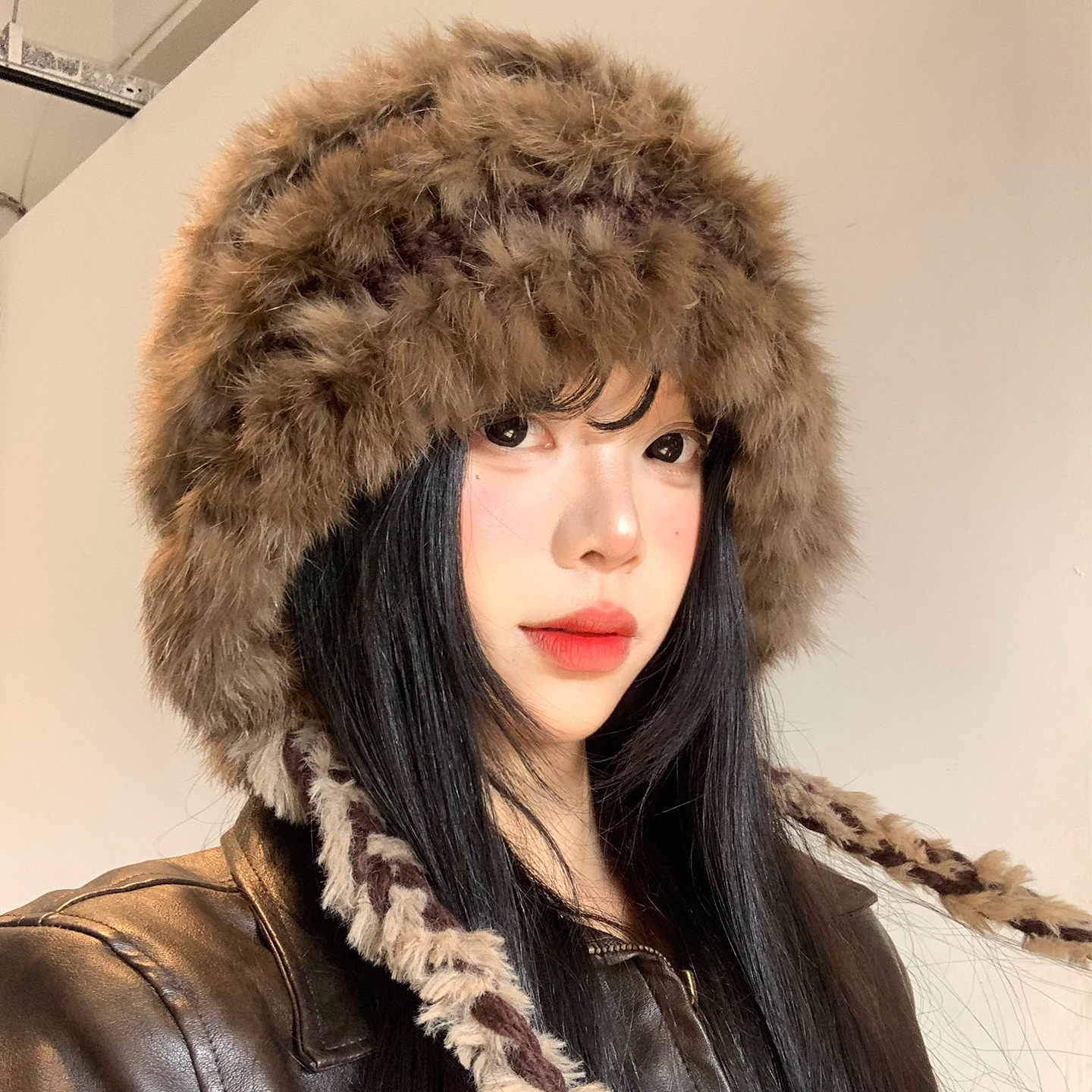 兔毛手工针织毛绒帽女冬季显脸小