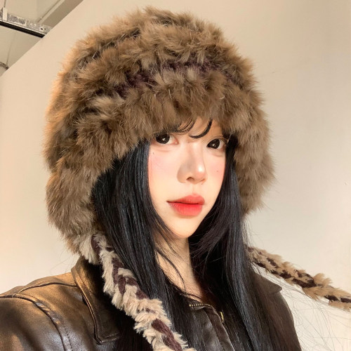 兔毛手工针织毛绒帽女冬季显脸小
