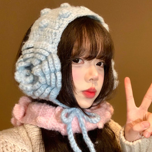 立体花朵手工针织绑带耳罩女冬季保暖围脖两用耳暖耳包耳套耳捂子