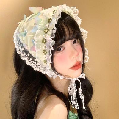 高级感蝴蝶蕾丝头巾女春夏田园风