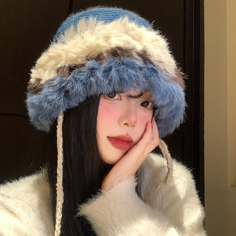 蓝色兔毛帽子女秋冬季加厚保暖