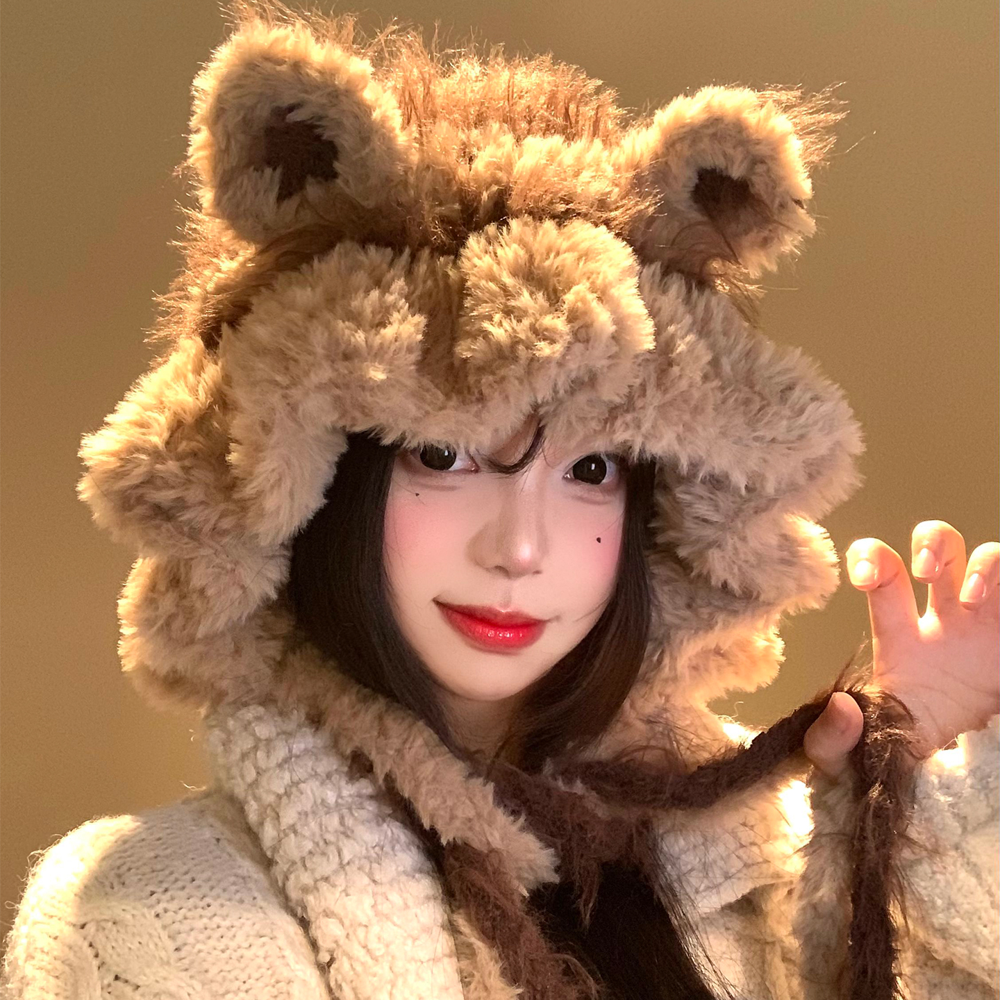 可爱小熊毛绒针织帽显脸小毛线帽