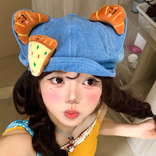 可爱立体猫耳朵翻檐贝雷帽女百搭