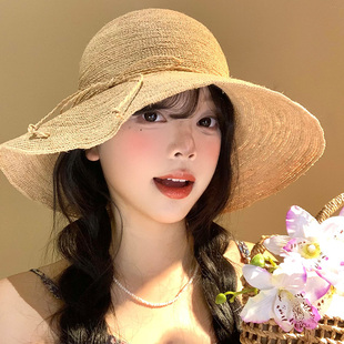 蝴蝶结拉菲草帽女夏季 大帽檐遮阳防晒帽海边沙滩度假太阳帽子 法式