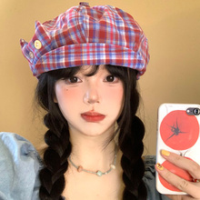 中餐厅沈月同款格纹贝雷帽女韩版百搭显脸小八角帽大头围画家帽子