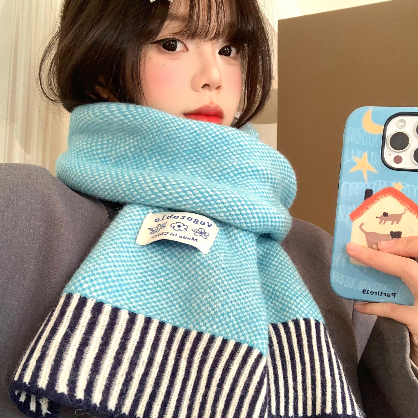 蓝色条纹拼接针织围巾女冬季韩系氛围感百搭加厚保暖防寒护颈围脖