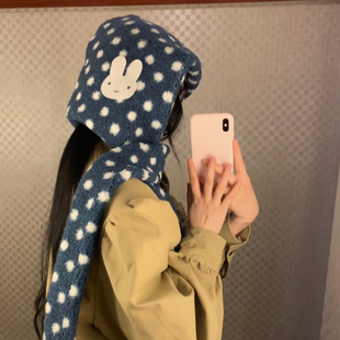 可爱波点小兔子毛绒帽子围巾一体女冬季显脸小套头帽保暖防寒帽子