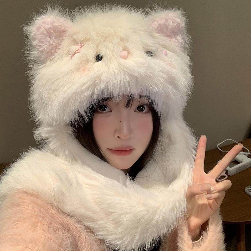可爱发夹猫咪毛绒帽女冬季保暖防寒帽子围巾一体显脸小护耳雷锋帽,服饰配件/皮带/帽子/围巾,帽子,淘宝优惠券,粉丝福利购,淘宝优惠卷