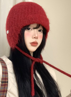 新年红色针织护耳帽子女款秋冬季显脸小包头飞行帽保暖可爱雷锋帽