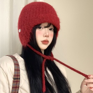 新年红色针织护耳帽子女款秋冬季显脸小包头飞行帽保暖可爱雷锋帽
