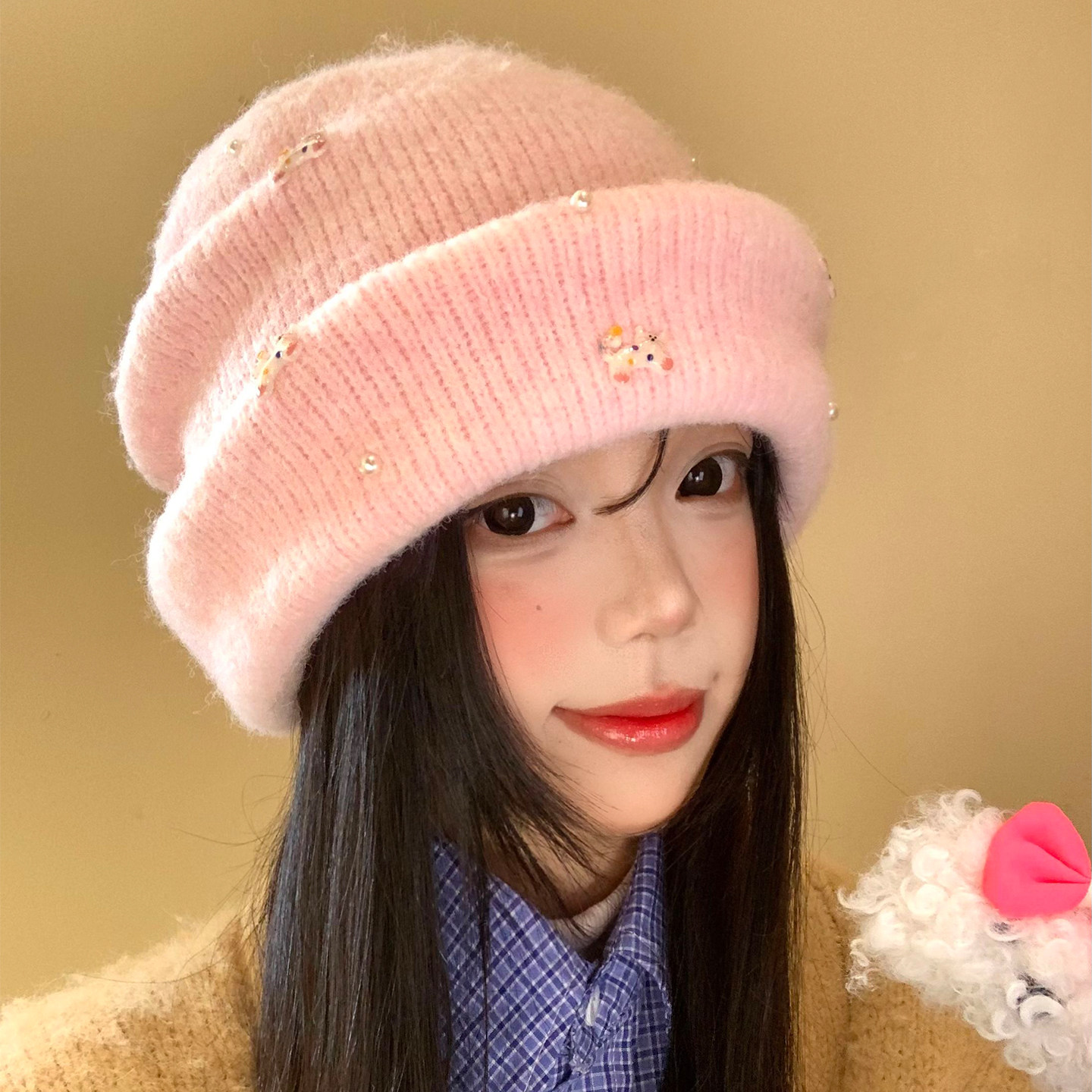 粉色珍珠猫咪毛线帽女秋冬季韩版显脸小针织帽大头围保暖护耳帽子,服饰配件/皮带/帽子/围巾,帽子,淘宝优惠券,粉丝福利购,淘宝优惠卷