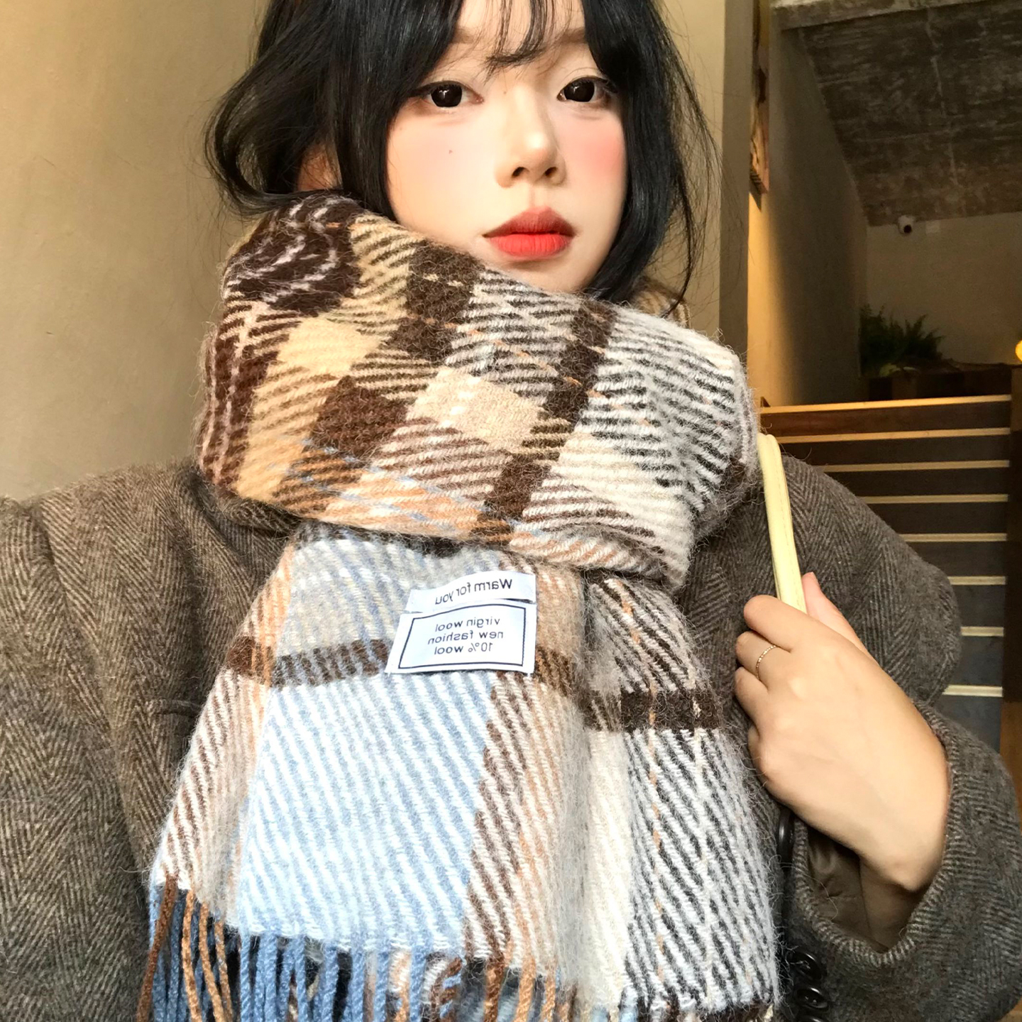 韩系高级感格纹围巾女冬季复古