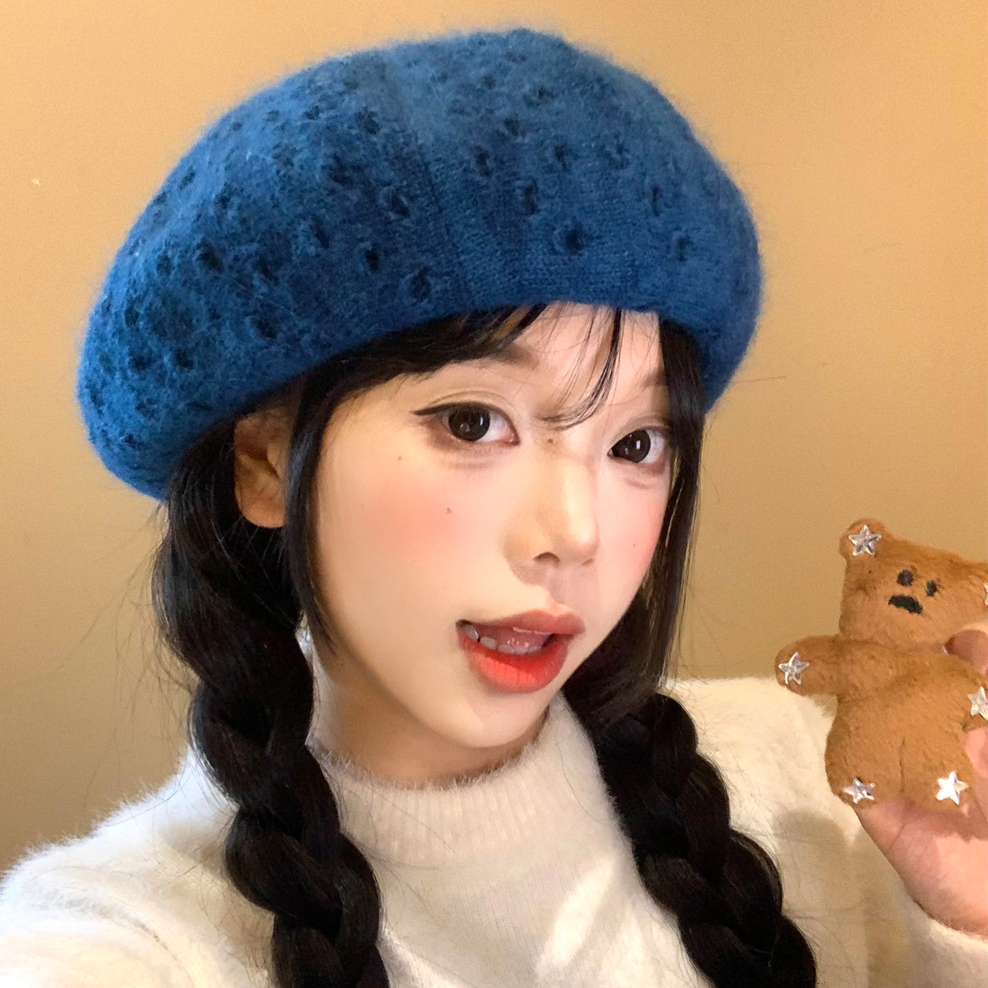 蓝色破洞针织贝雷帽女日系百搭