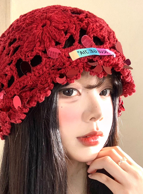 红色亮片手工钩织包头帽女夏民族风旅游拍照针织帽透气显脸小帽子