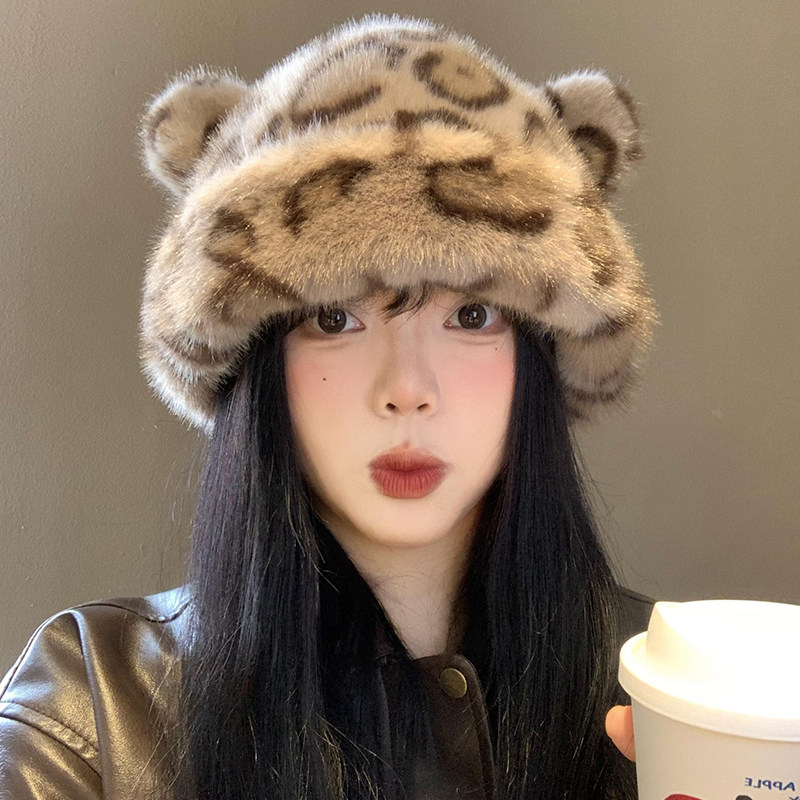小熊耳朵豹纹毛绒帽女秋冬季复古百搭包头帽加厚防寒保暖套头帽子,服饰配件/皮带/帽子/围巾,帽子,淘宝优惠券,粉丝福利购,淘宝优惠卷