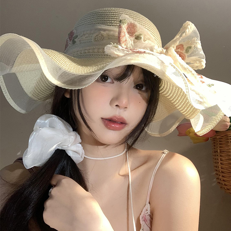 波浪边蕾丝蝴蝶结草帽法式大帽檐