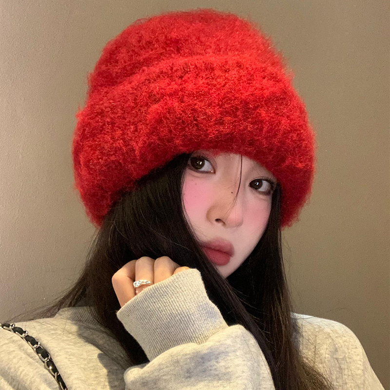 红色马海毛针织毛线帽女冬季