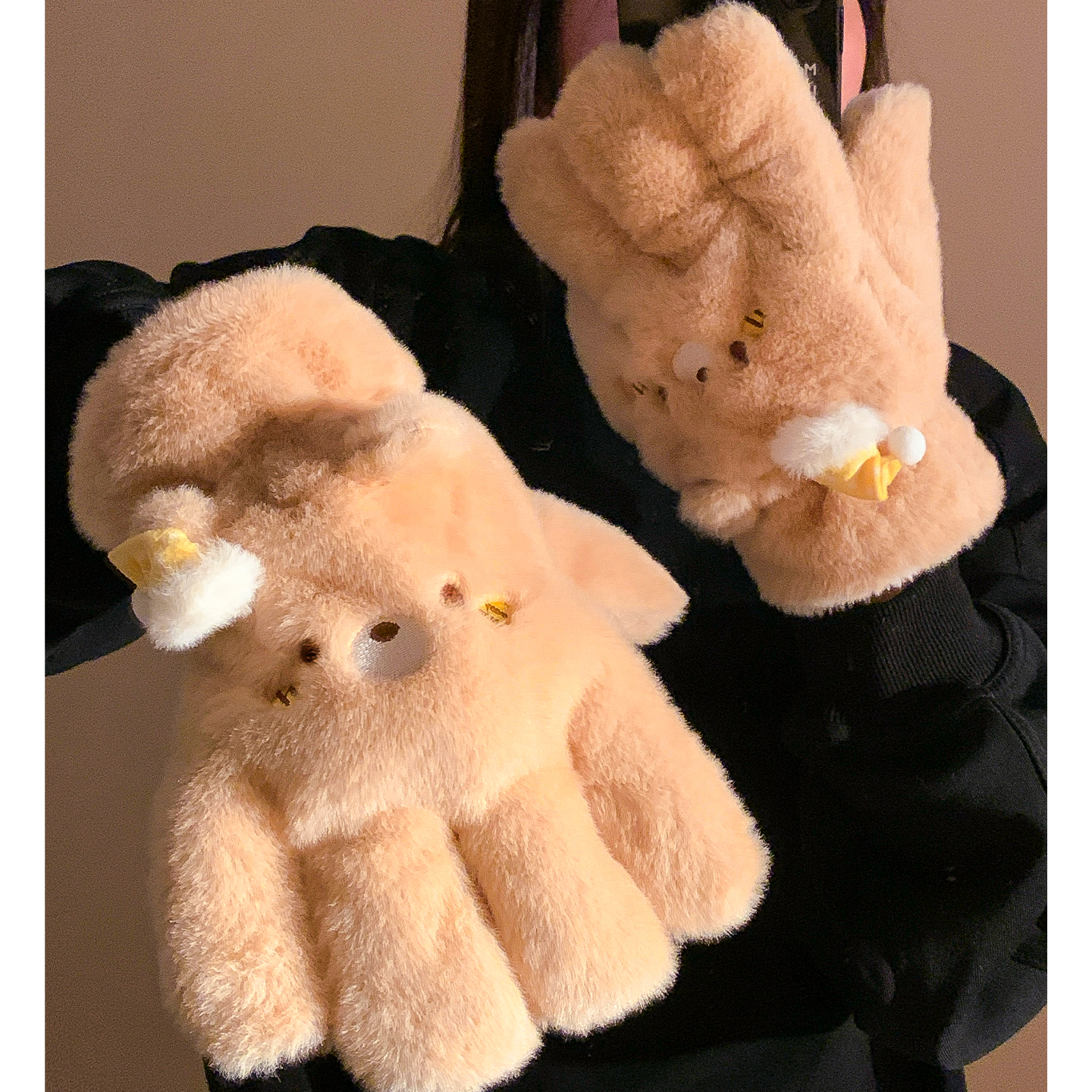 可爱小熊五指分指毛绒手套女冬季