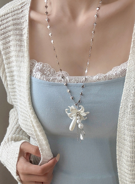 百合花朵珍珠水滴项链女韩系