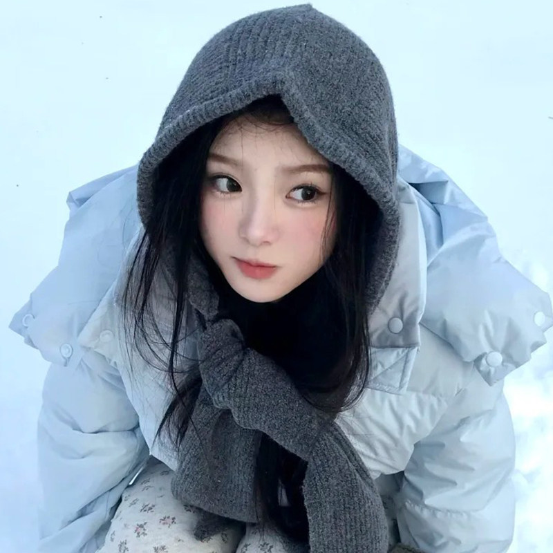 灰色连帽子围巾一体式女冬季保暖