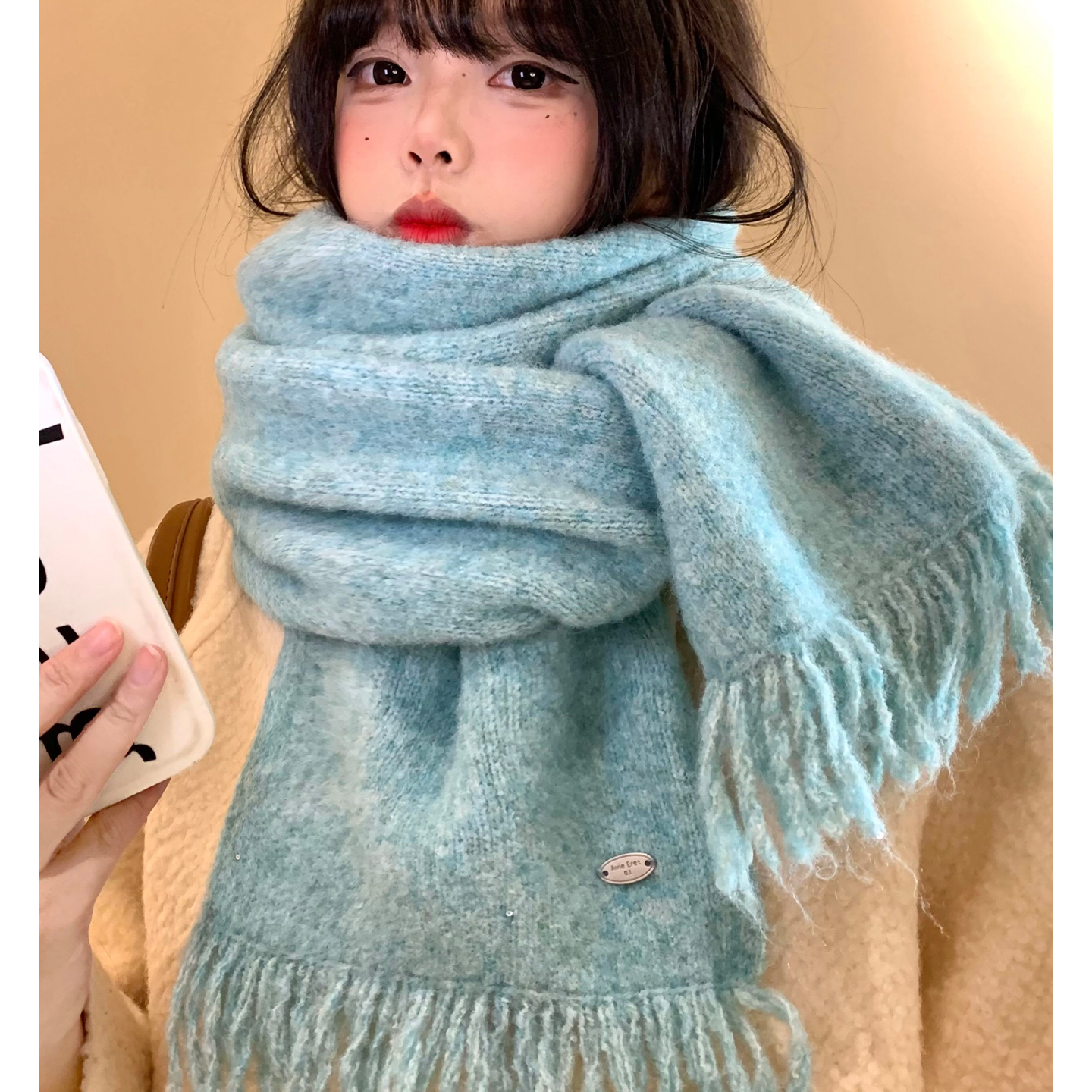 湖蓝色针织毛线围巾女冬季韩系高级感氛围感加厚保暖防寒护颈围脖