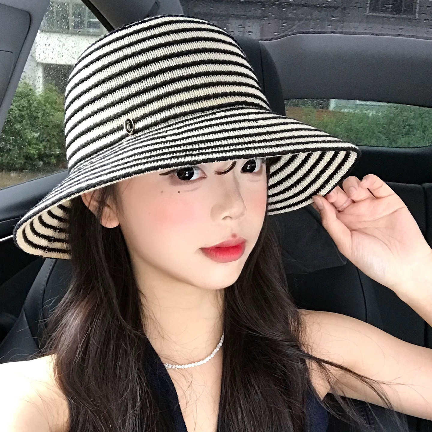 条纹针织透气渔夫帽子女春夏薄款大帽檐显脸小百搭防晒遮阳帽盆帽