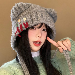 可爱纽扣小熊耳朵针织帽女冬季百搭显脸小毛线帽保暖防寒护耳帽子