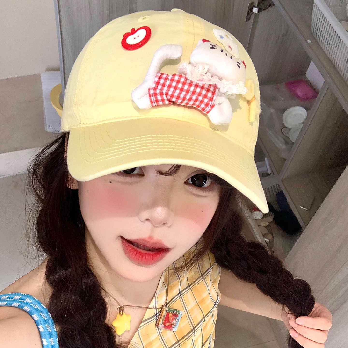 卡通猫咪黄色棒球帽女宽帽檐大脸显脸小鸭舌帽大头围防晒软顶帽子