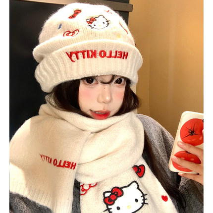 HelloKitty针织帽女秋冬可爱显脸小毛线帽大头围保暖帽子围巾套装